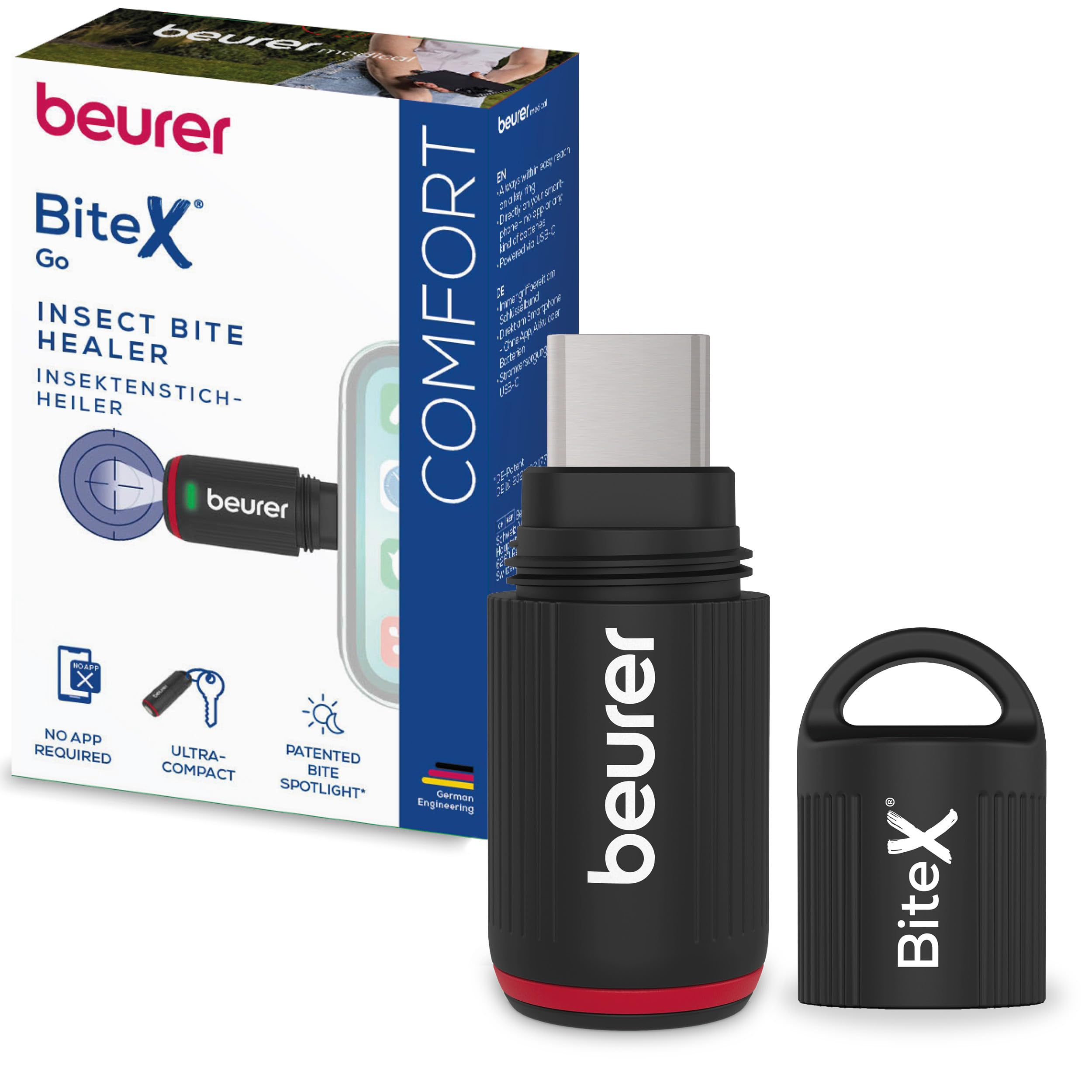 Beurer BiteX Go Deep Black Aparato contra picaduras de insectos para smartphone, alivia el picor, para Android y iPhone (USB‑C), con luz